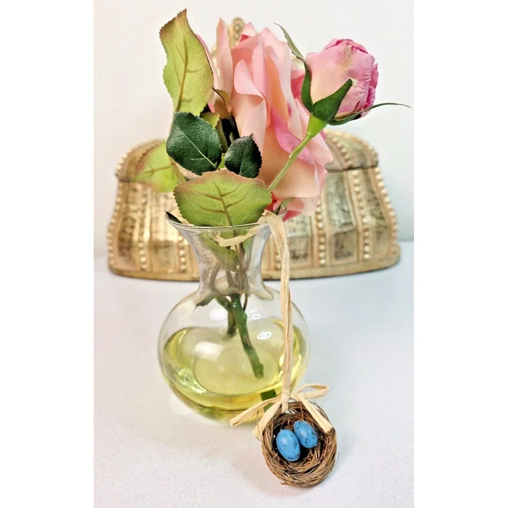 Vintage Faux Pink Cabbage Rose Silk Flower in Glass Vase with Bluebird Nest